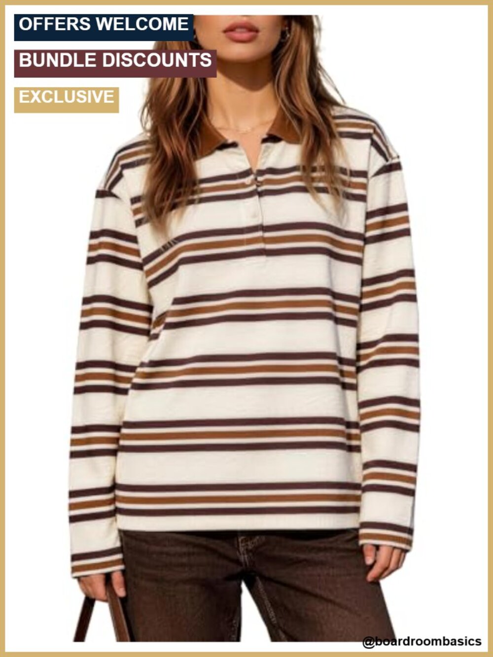 Striped Rugby Polo Shirt Long Sleeve Cotton Blend Pullover Top
